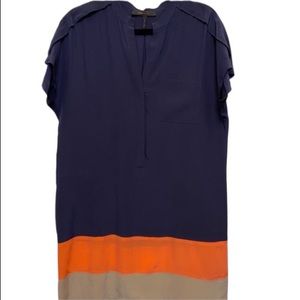 Dark Navy Satin Dress w/ Orange & Tan Stripe